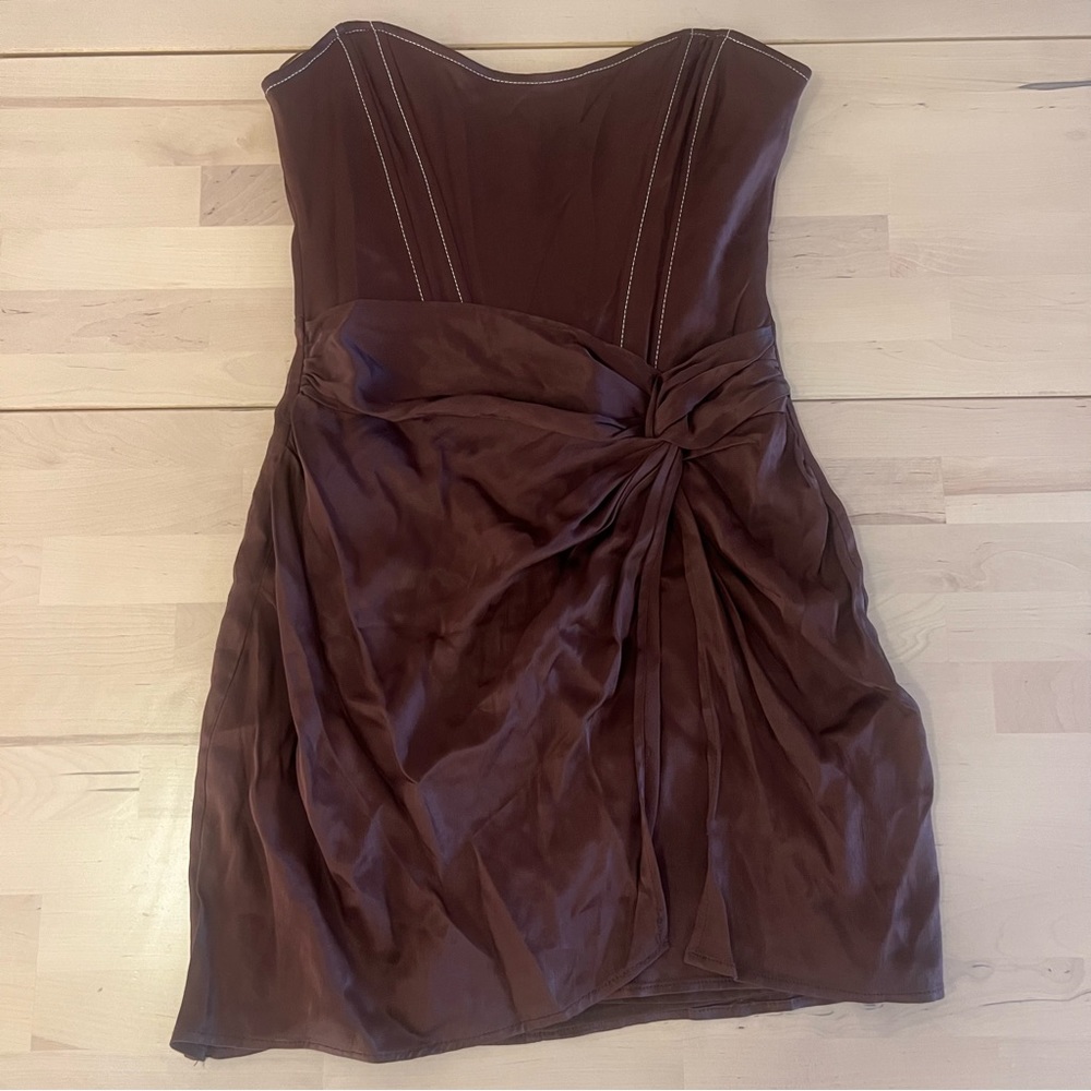 Zara brown strapless coset mini dress size medium satin - Picture 2 of 3